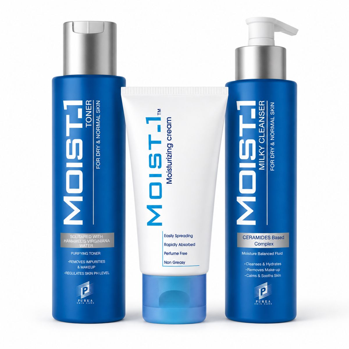 Moist-1 Skin Care Routine Bundle For Soothing & Hydration Feel ( Milky Cleanser, Toner And Moisturizing Cream) | غسول وجه ترطيب